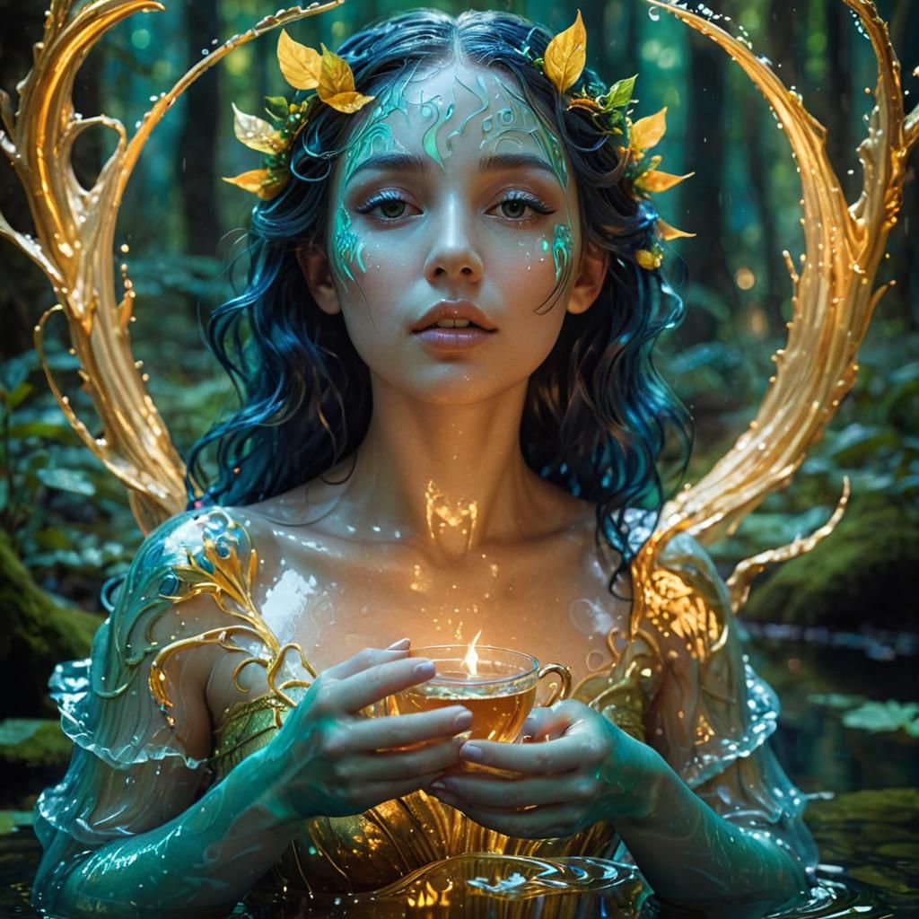Water Nymph Sipping in Mystical Forest Glade