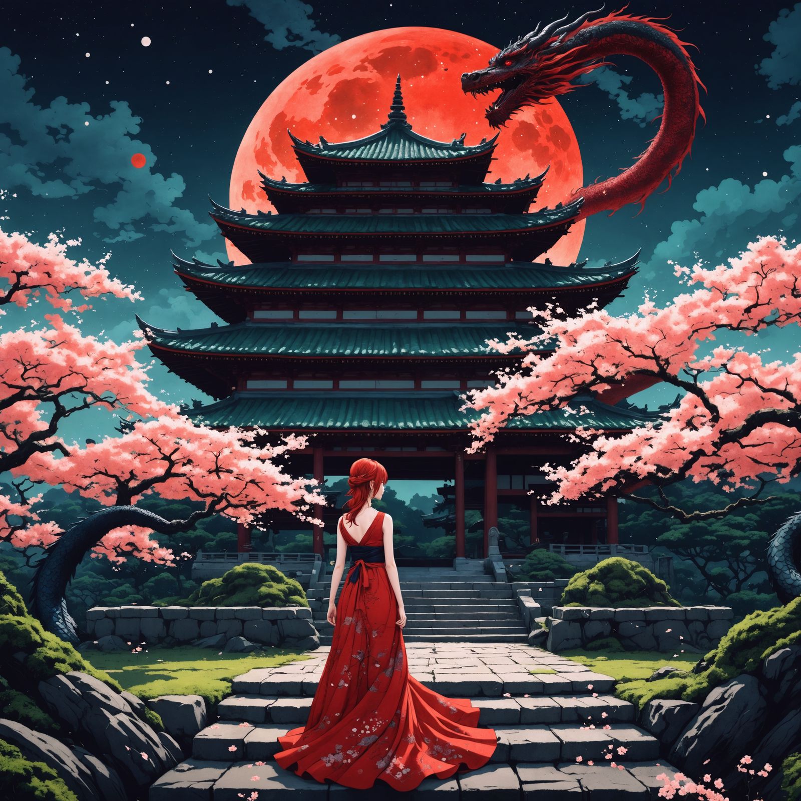 Ink Dragon in Manga Style with Shinto Temple