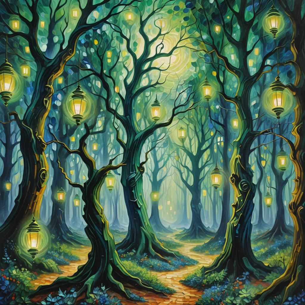 Spirits Dance in Dreamlike Forest, Oil Painting