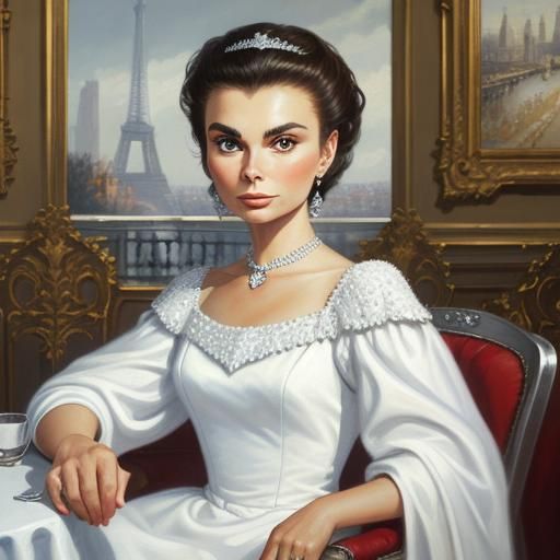 Jean Simmons in Paris Cafe, Oil Painting