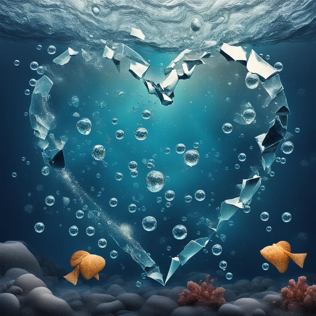Broken Heart Underwater with Bubbles and Shards