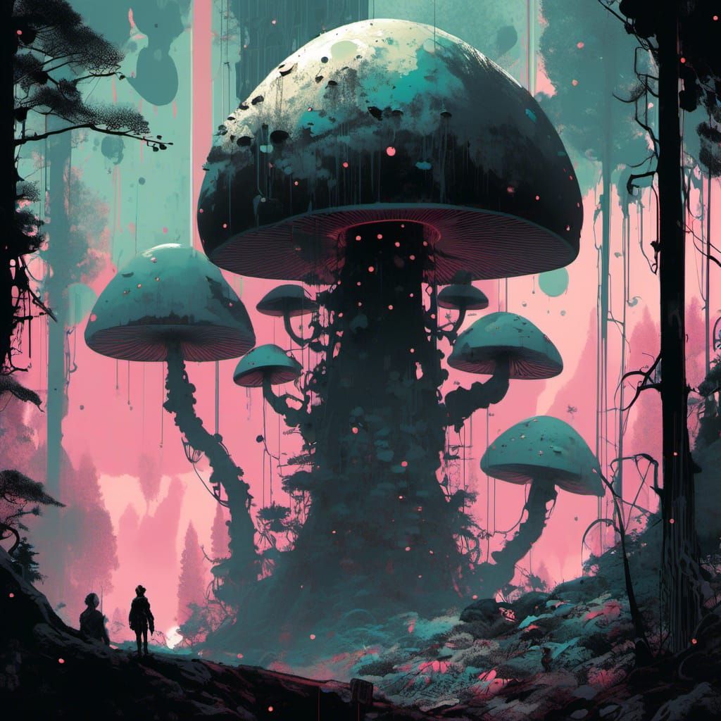 Post-Apocalyptic Forest with Giant Mushrooms