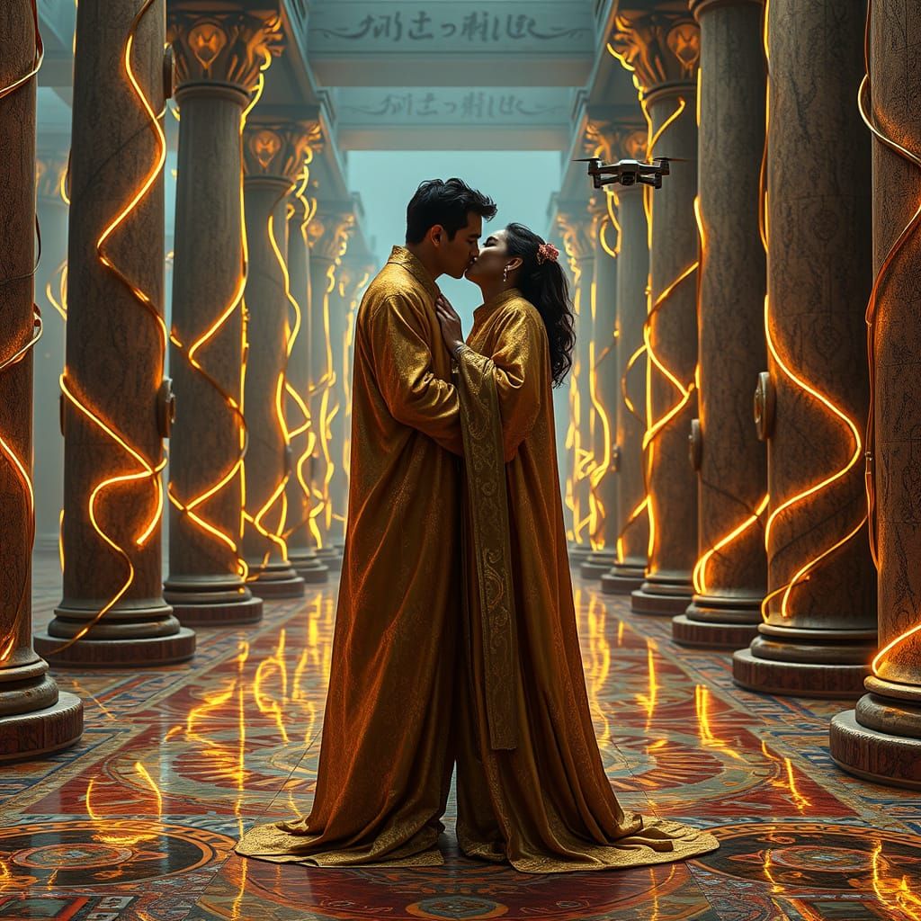 Golden Embrace in Futuristic Byzantine Splendor