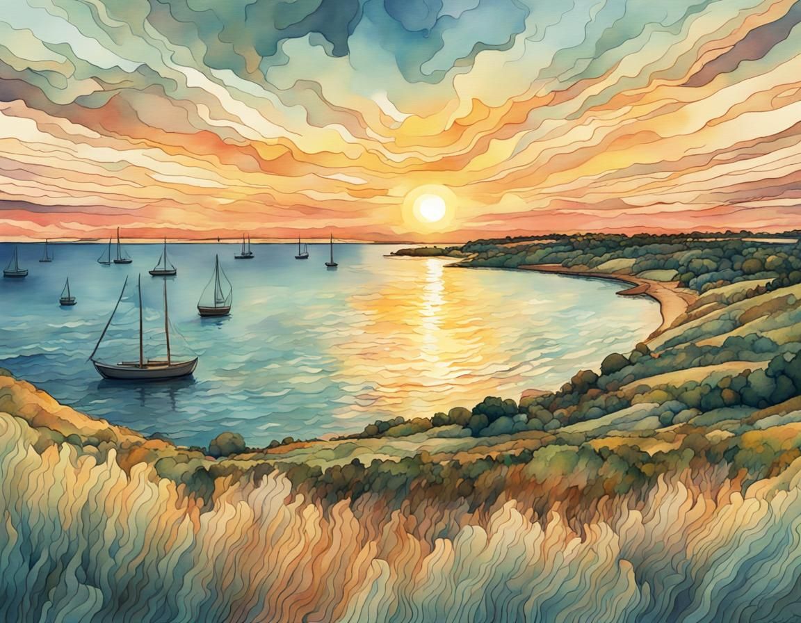 Martha's Vineyard Sunset in Digital Watercolor Style
