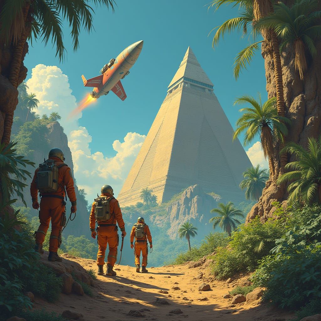 Space Explorers Discover Pyramid in Frazetta Style