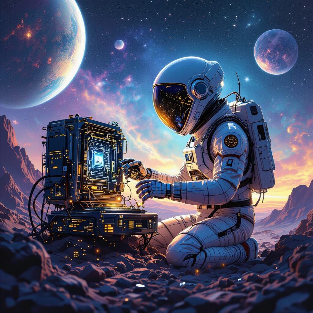 Alien Assembling Computer in Cosmic Digital Painting Style