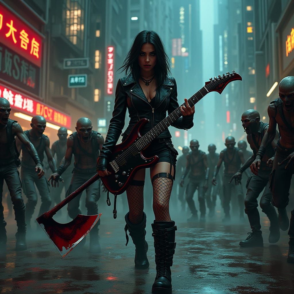 Cyberpunk Apocalypse: Female Warrior Defies Undead Horde