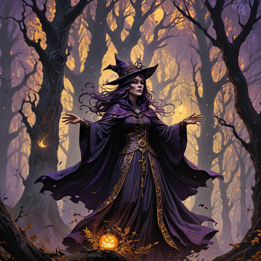 Witch Casting Spell in Haunted Forest: Dark Fantasy Art