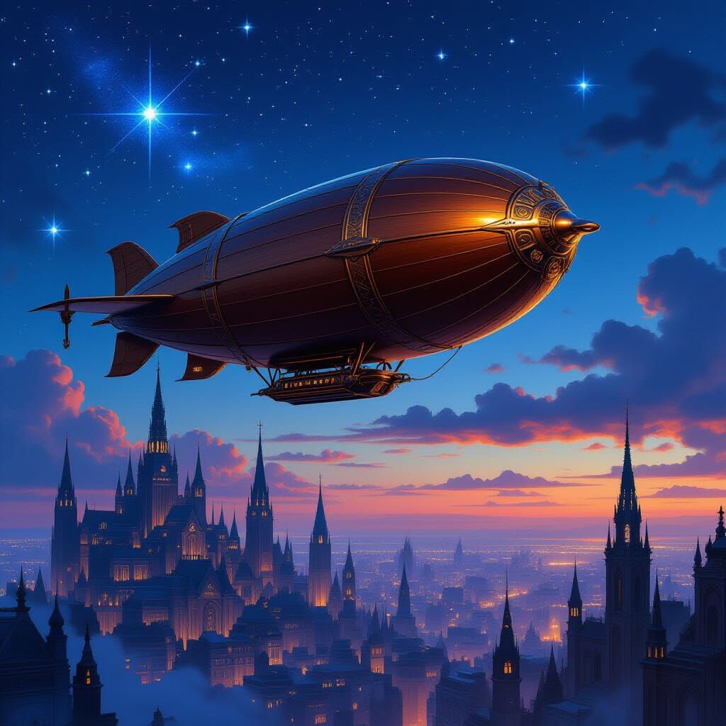 Dirigible Over Gothic City in Matte Painting Style