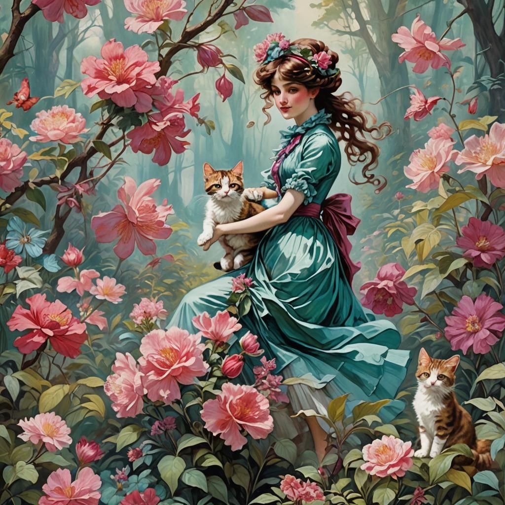 Girl with Kitten in Fauvist Flower Forest