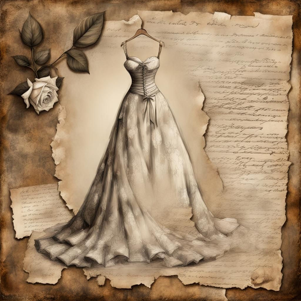 Aged Love Letter with Wedding Dress Sketch