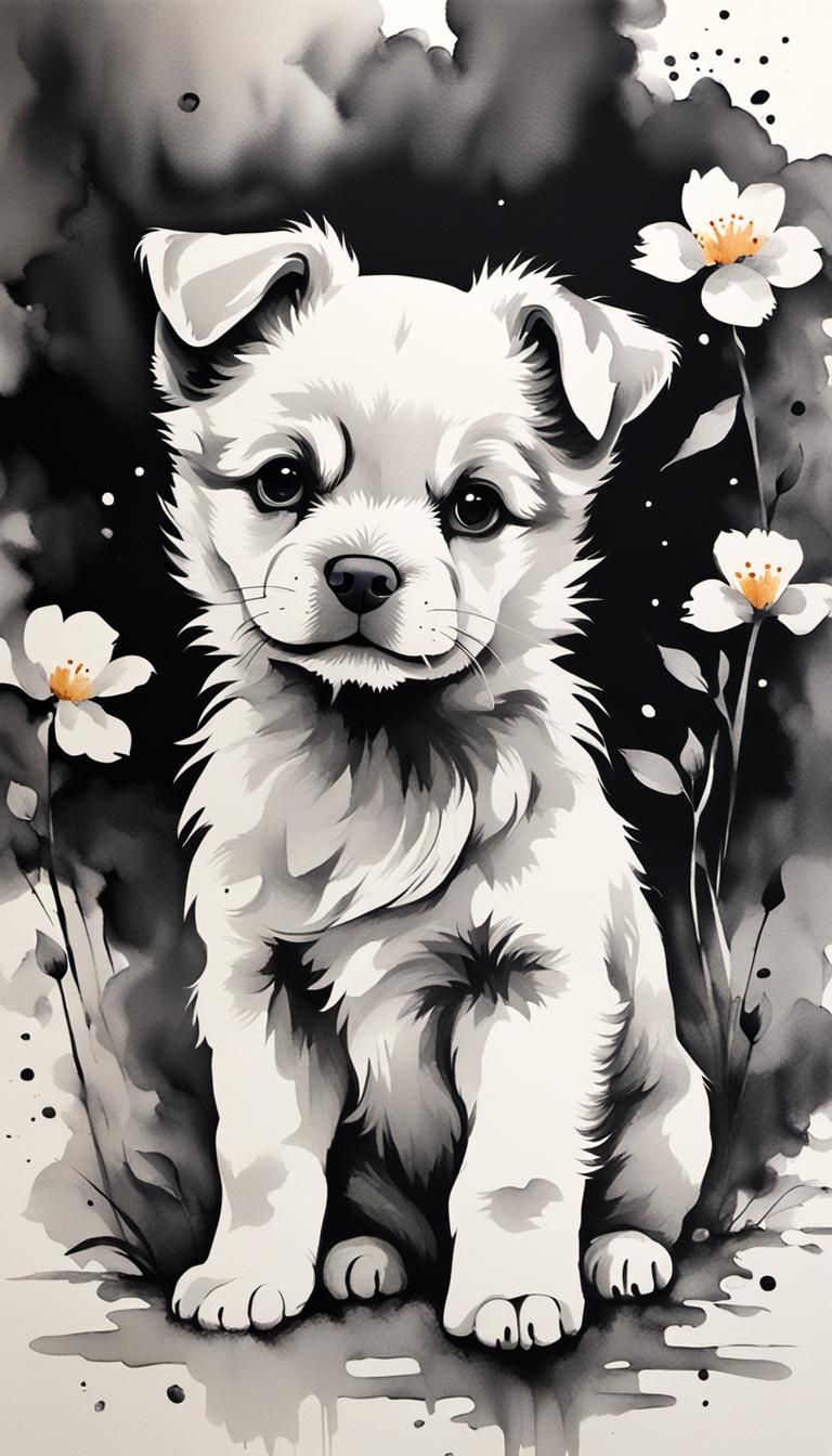 Minimalist Chinese Ink Painting of a Cute Puppy
