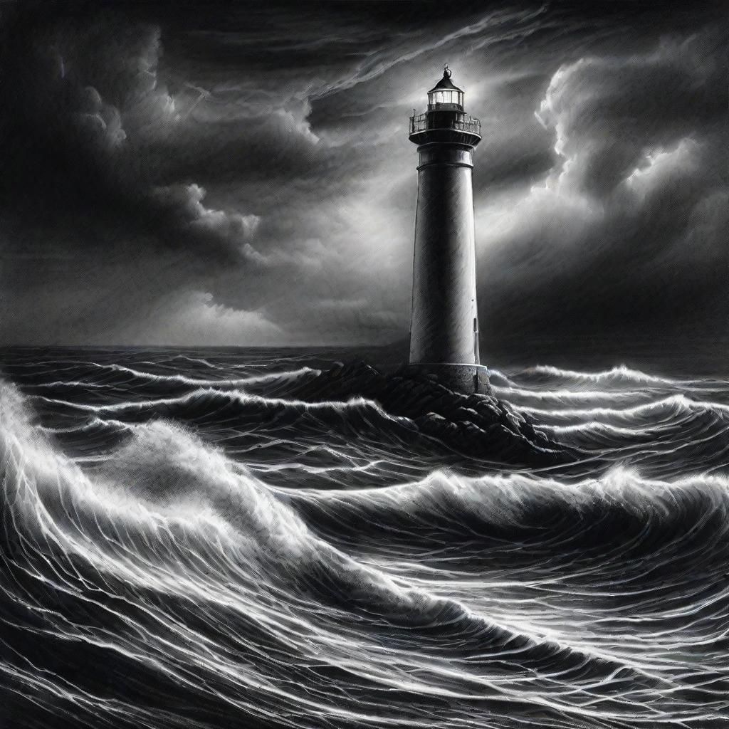 Lighthouse Guiding Ship Through Storm: Charcoal Drawing