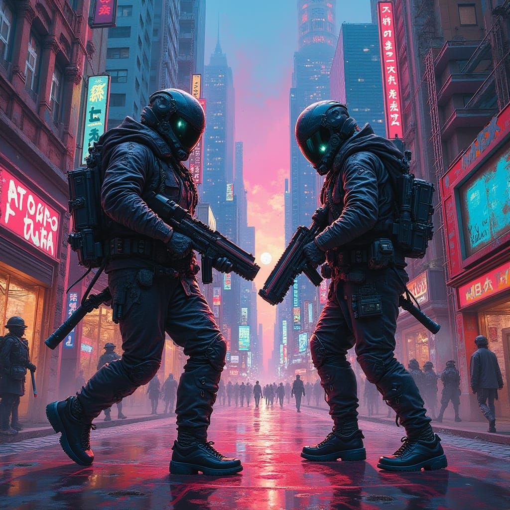 Gritty Neon Futuristic Cyber Battle in Cityscape
