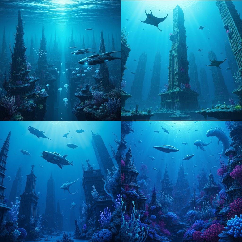 Surreal Blue Underwater Cityscape with Sci-Fi Elements