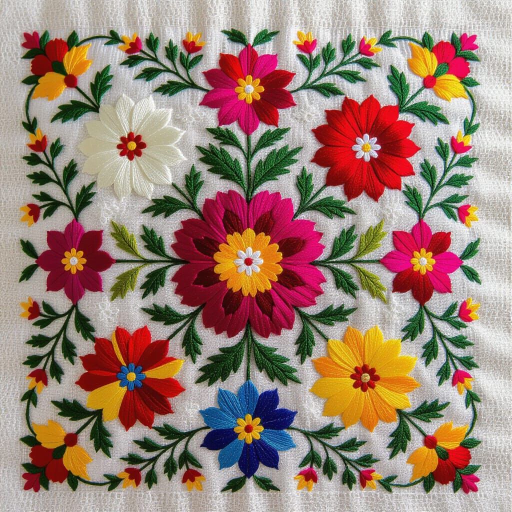 Hyperrealistic Embroidered Flower Folk Art Print