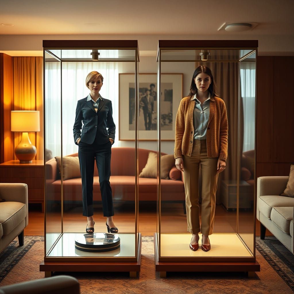 Midcentury Living Room Scene with Elegant Display Cases