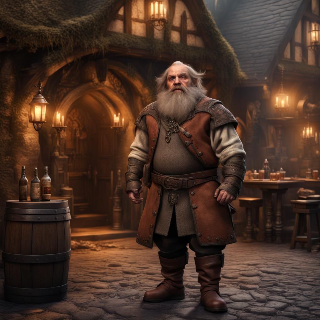 Halfling Dwarf Hybrid in Front of Medieval Pub