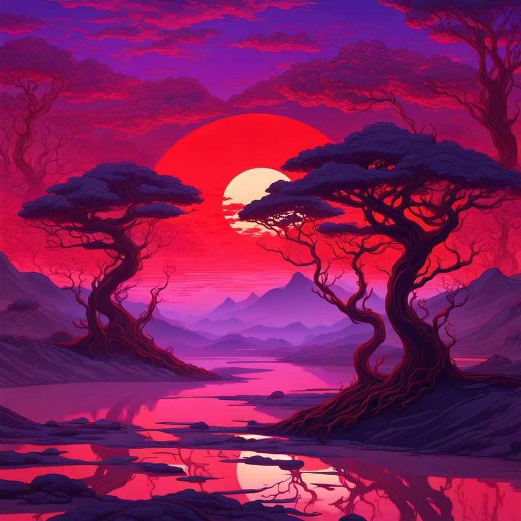 Surreal Landscape with Red Sun in Cyberpunk Style