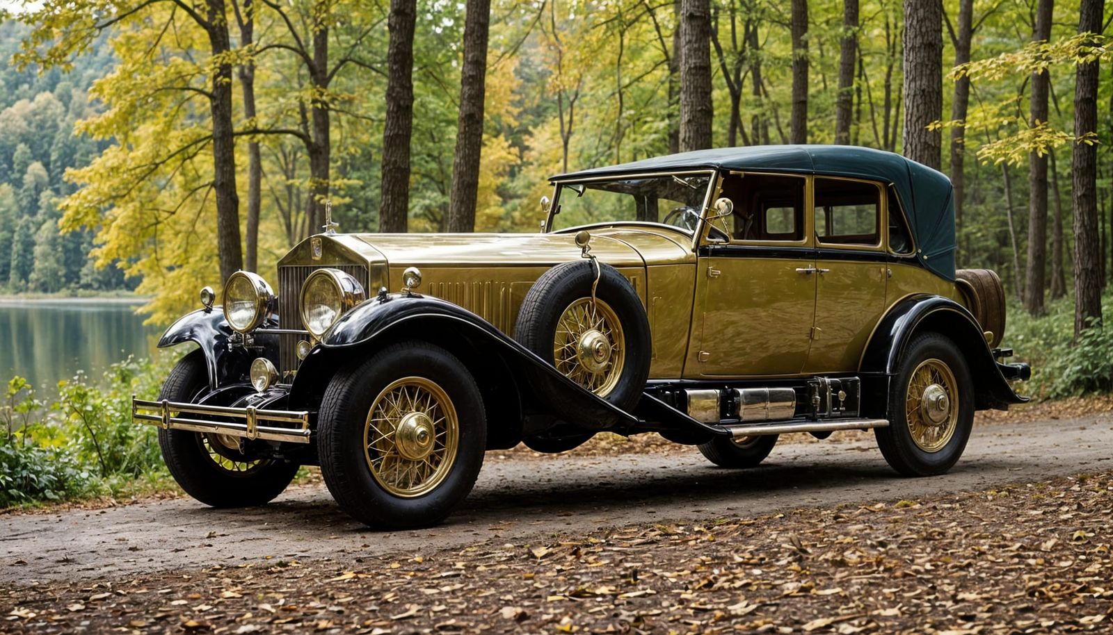 Gold 1924 Rolls Royce in Woods by Lake