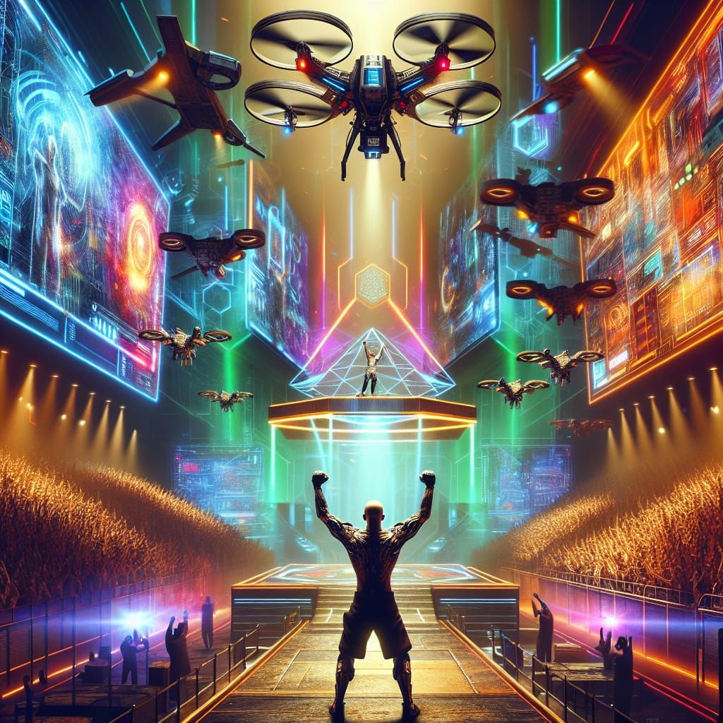 Victorious Cyberpunk Fighter in Arena