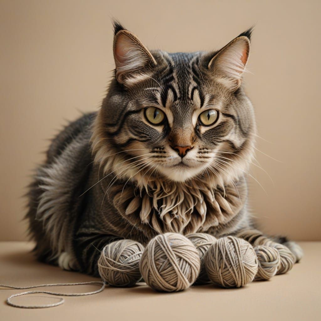Fluffy Tabby Cat Plays with Yarn