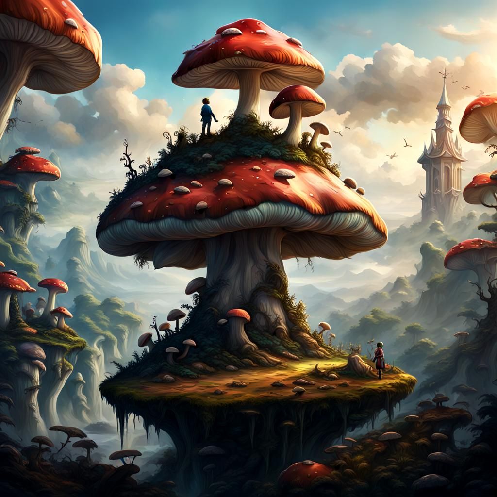 Child on Giant Mushroom: Detailed Fantasy Art