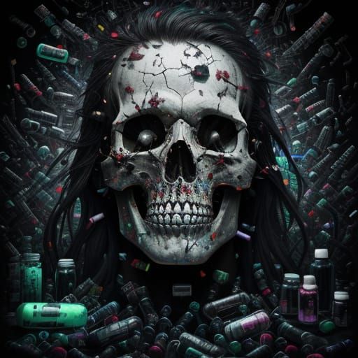 Skull Filled With Pills: Surreal Addiction Mindscape
