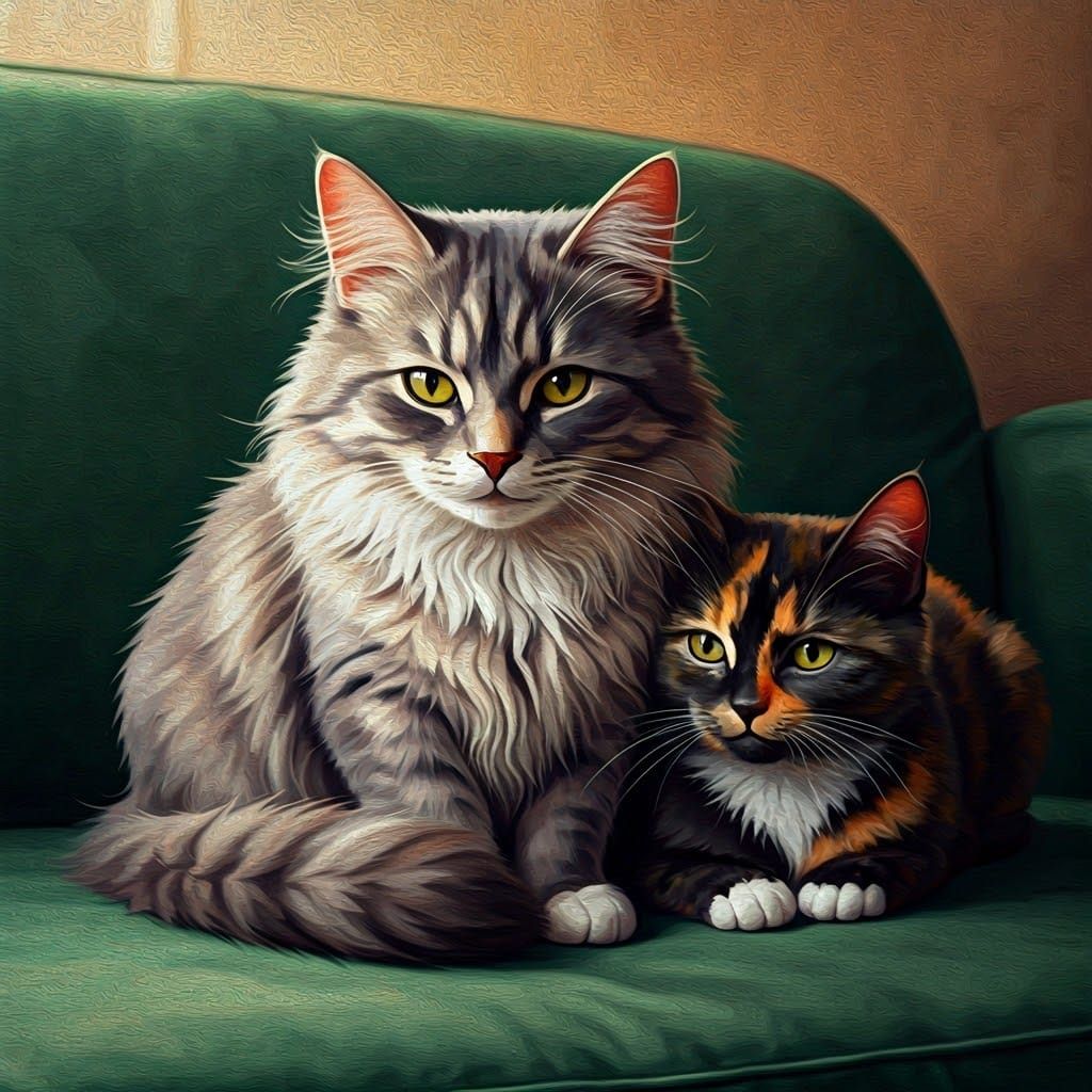 Cats on Velvet Couch, Impressionist Maximalism Style