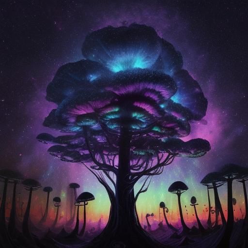 Psychedelic Magic Mushrooms Under a Galactic Sunset