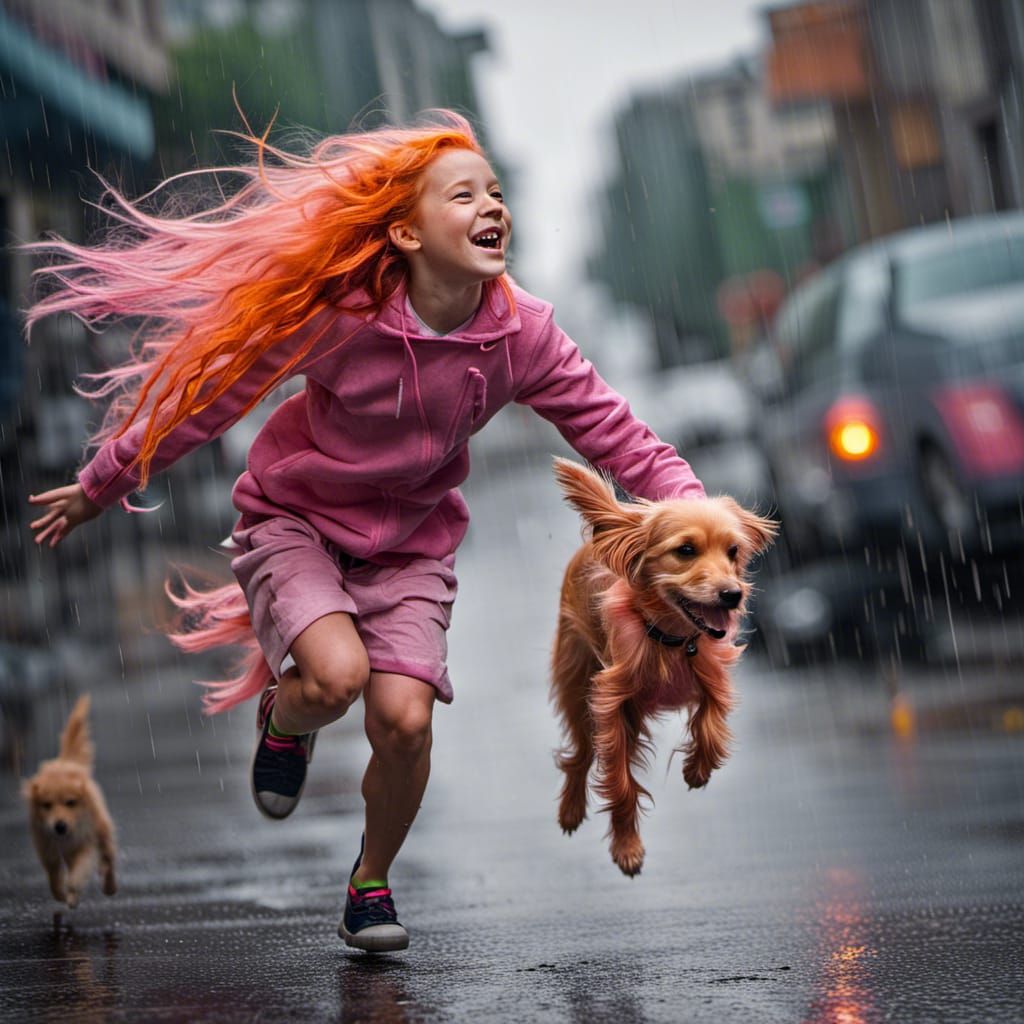 Happy Girl with Pink Hair and Dog in Rain