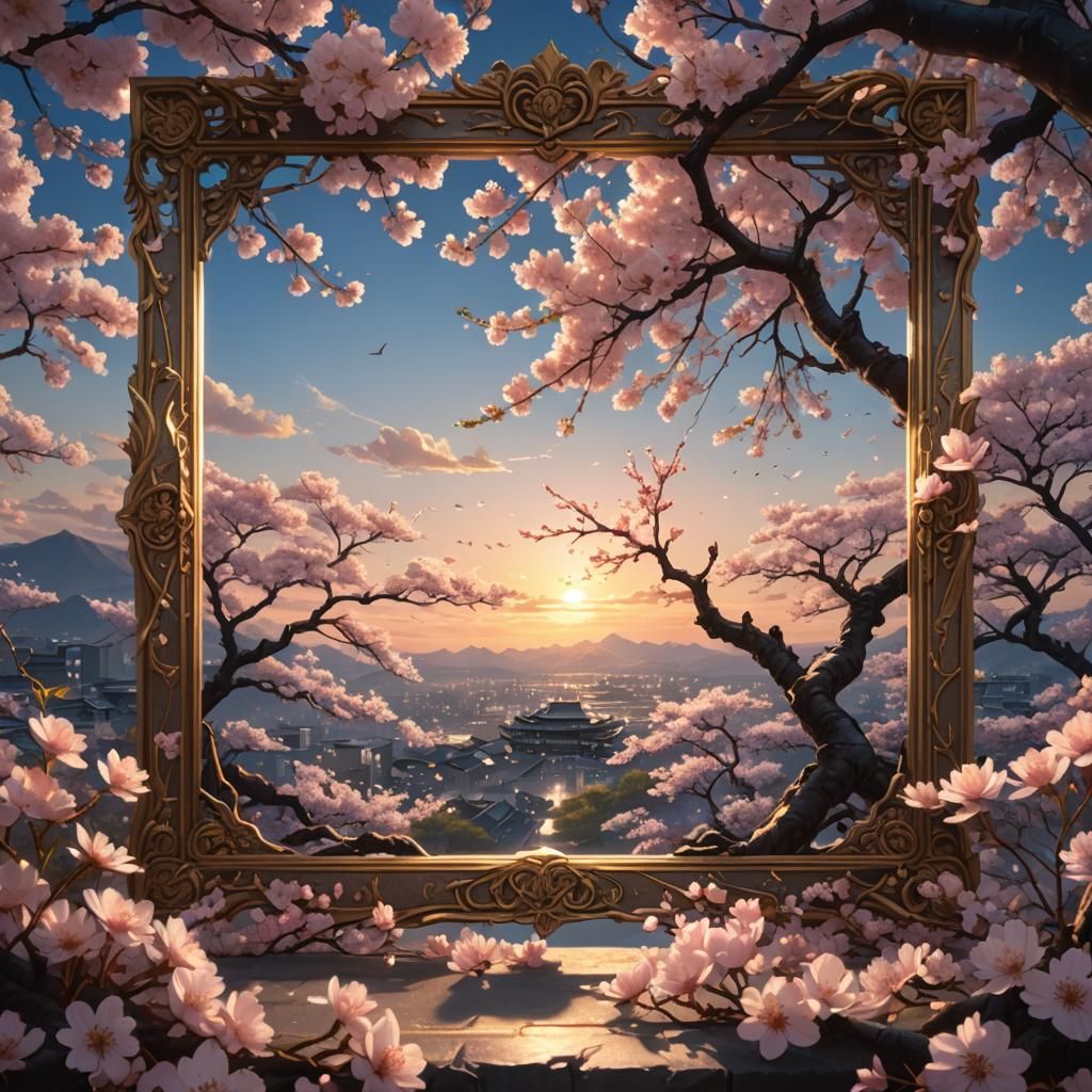 Cherry Blossoms in Ornate Frame, Digital Matte Painting
