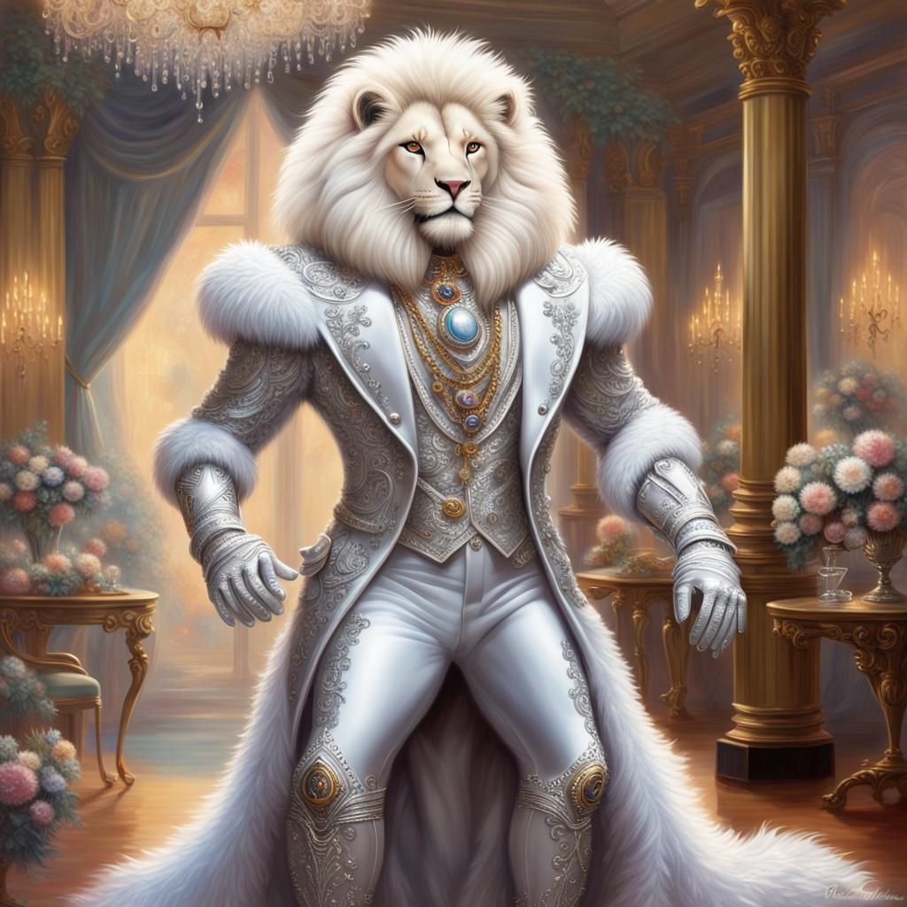 Anthropomorphic Lion in Regal Suit Dancing