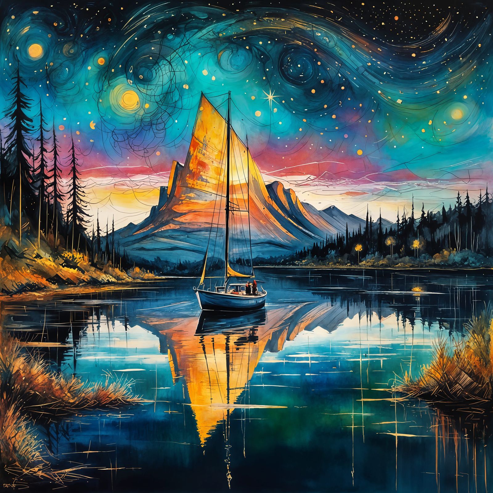 Golden Hour Sailboat on Silent Lake in Honeypunk Style