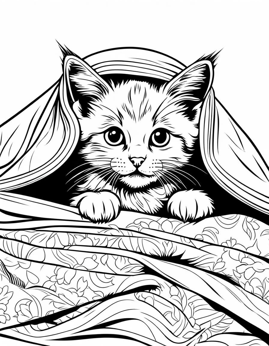 Kitten Peeking: Black and White Coloring Page Art