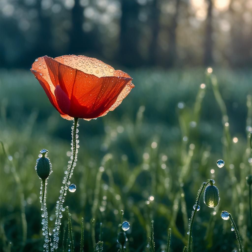 Dew-Kissed Poppy: A Serene Vision in Glass
