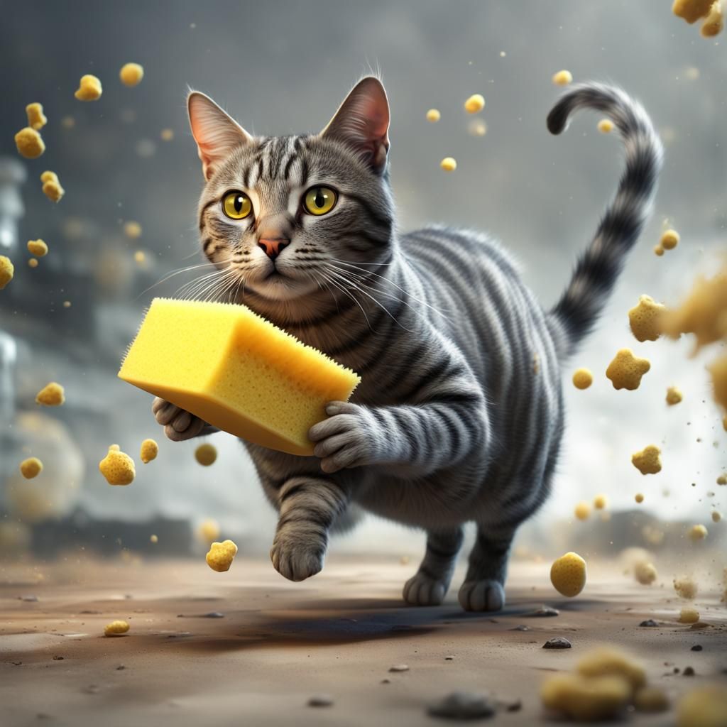 Striped Cat Running with Sponge: Detailed Matte Painting