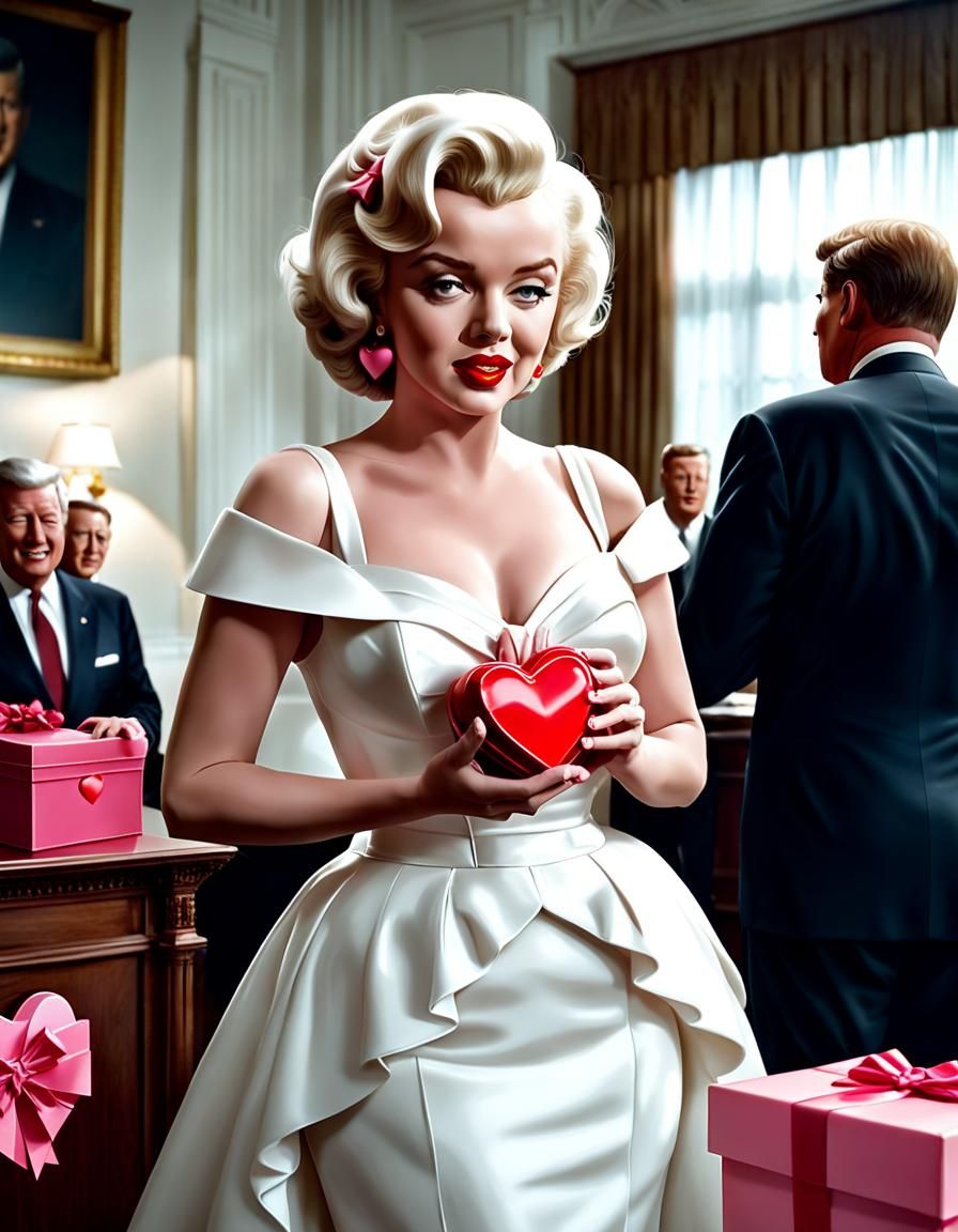 Marilyn Monroe in her white dress having receiving a red heart shaped box with a pink bow from president John F. Kennedy...