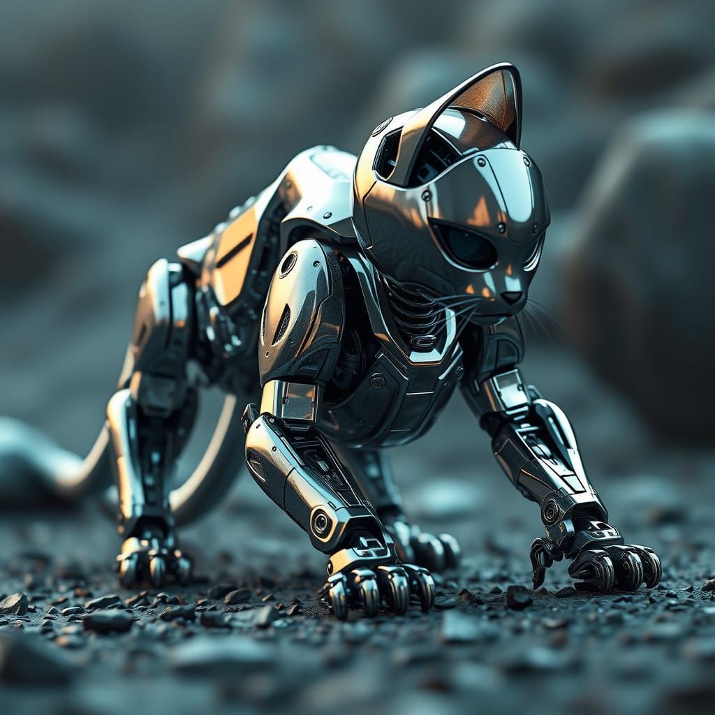 Gleaming Robot Cat with Industrial Sci-Fi Details