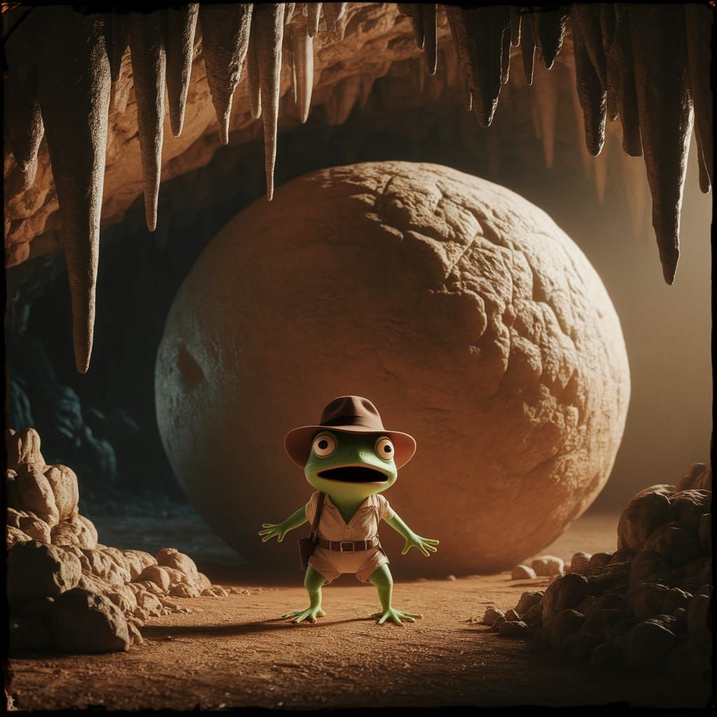 Frog Indiana Jones and Giant Boulder