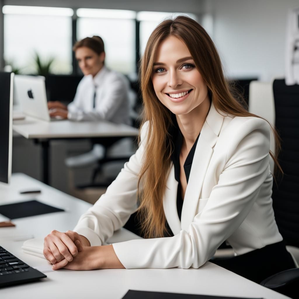 Professional Woman Smiling in White Suit at Desk