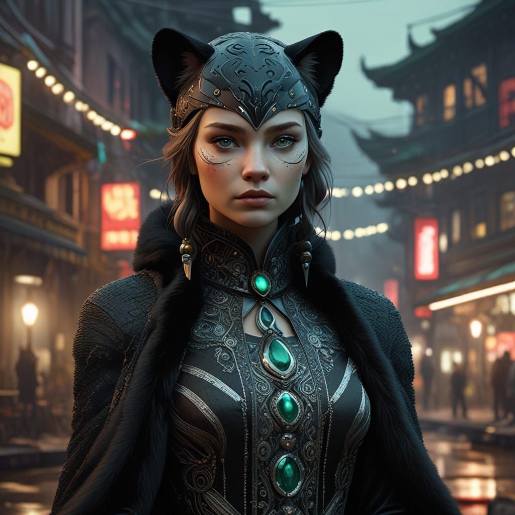 Sleek Panther Goddess in Shimmering Silver Fur Robe