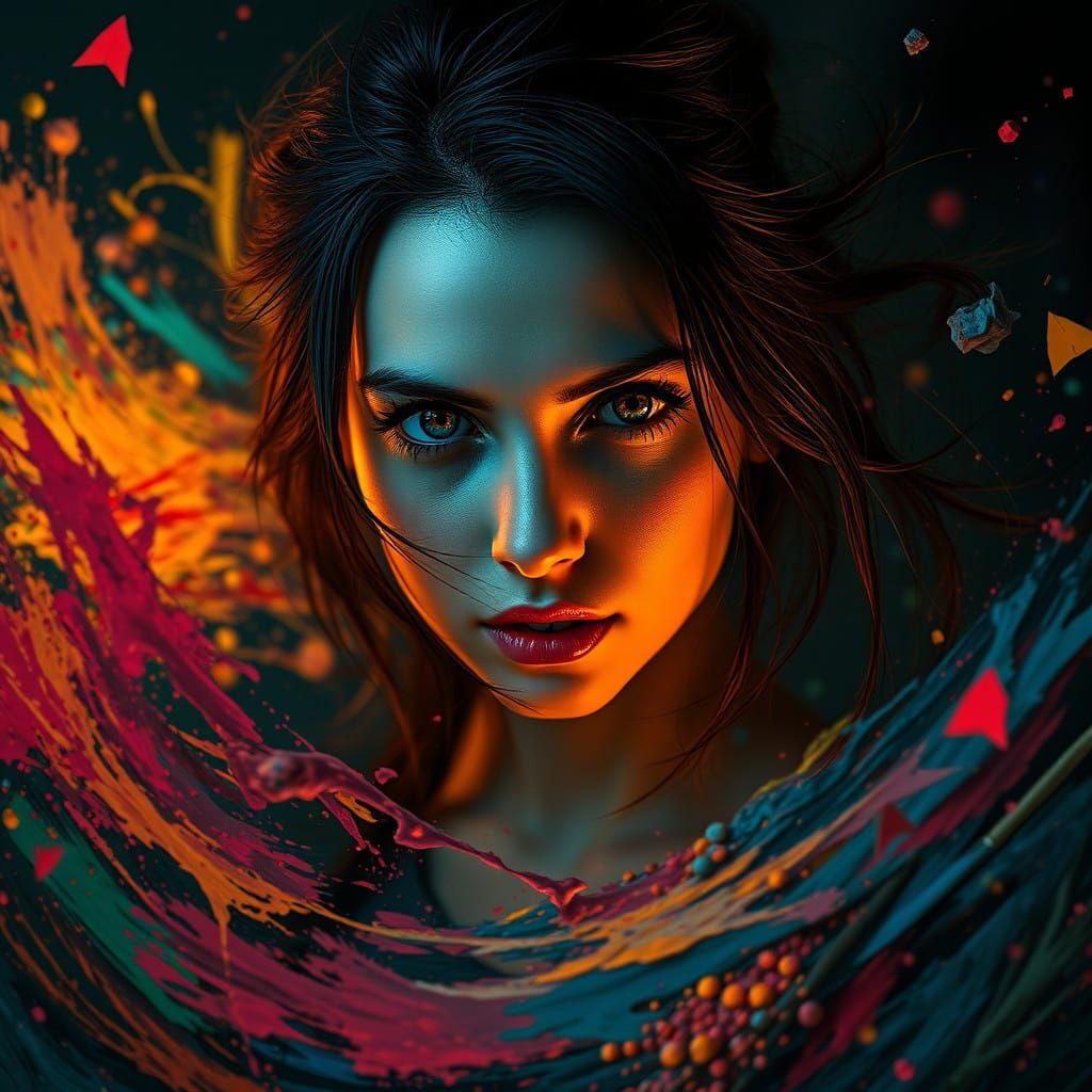 Ethereal Female Artist in Turbulent Creative Blaze
