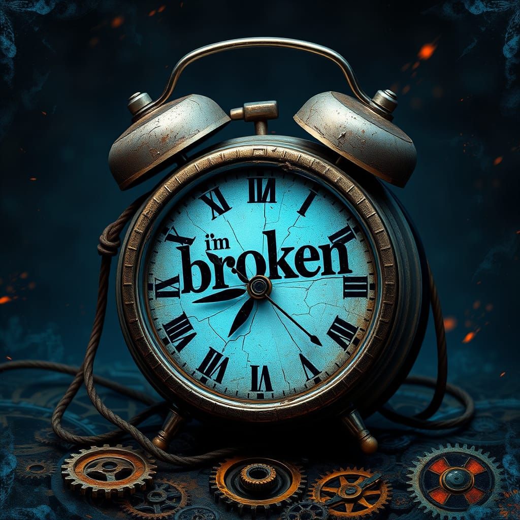 Distressed Alarm Clock in Dreamlike Clockwork Scene
