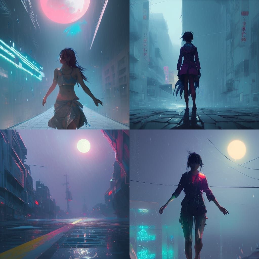 Neon Dystopian Japanese Girl in Rain, 8K