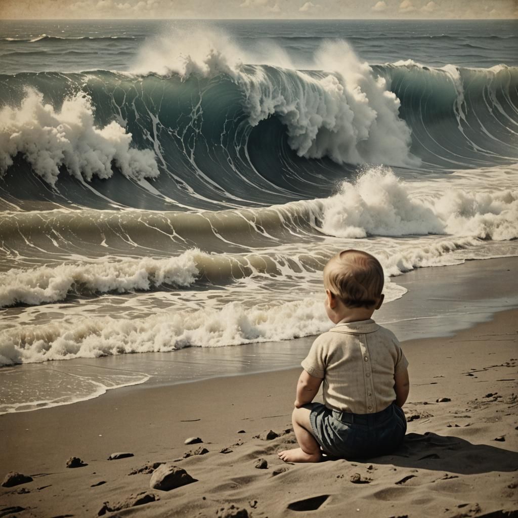 Vintage Photo of Baby Watching Tsunami