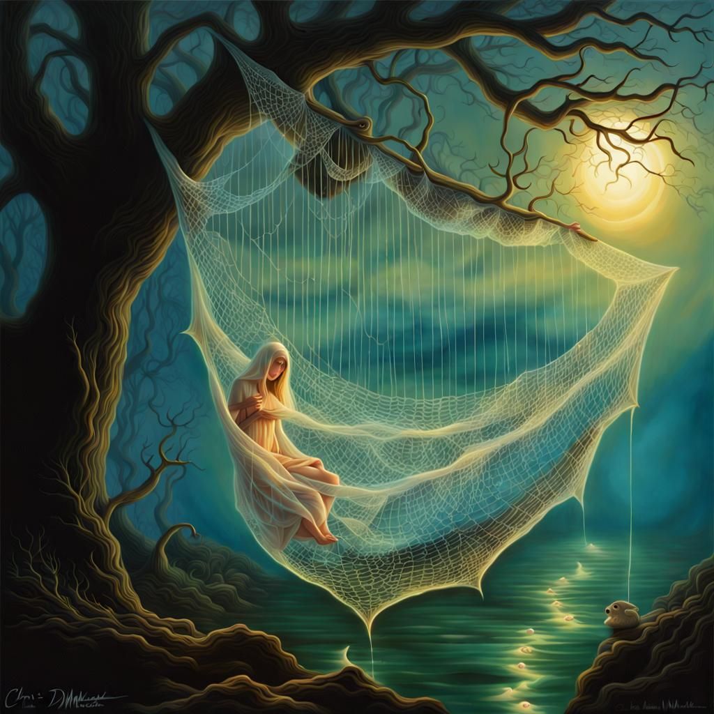 Glowing Creatures Trapped in Gothic Fishing Net