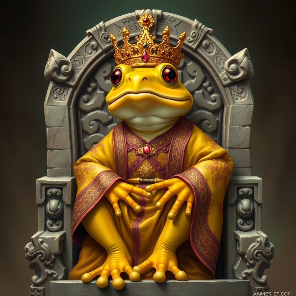Regal Frog Person on Stone Throne in Fantasy Style