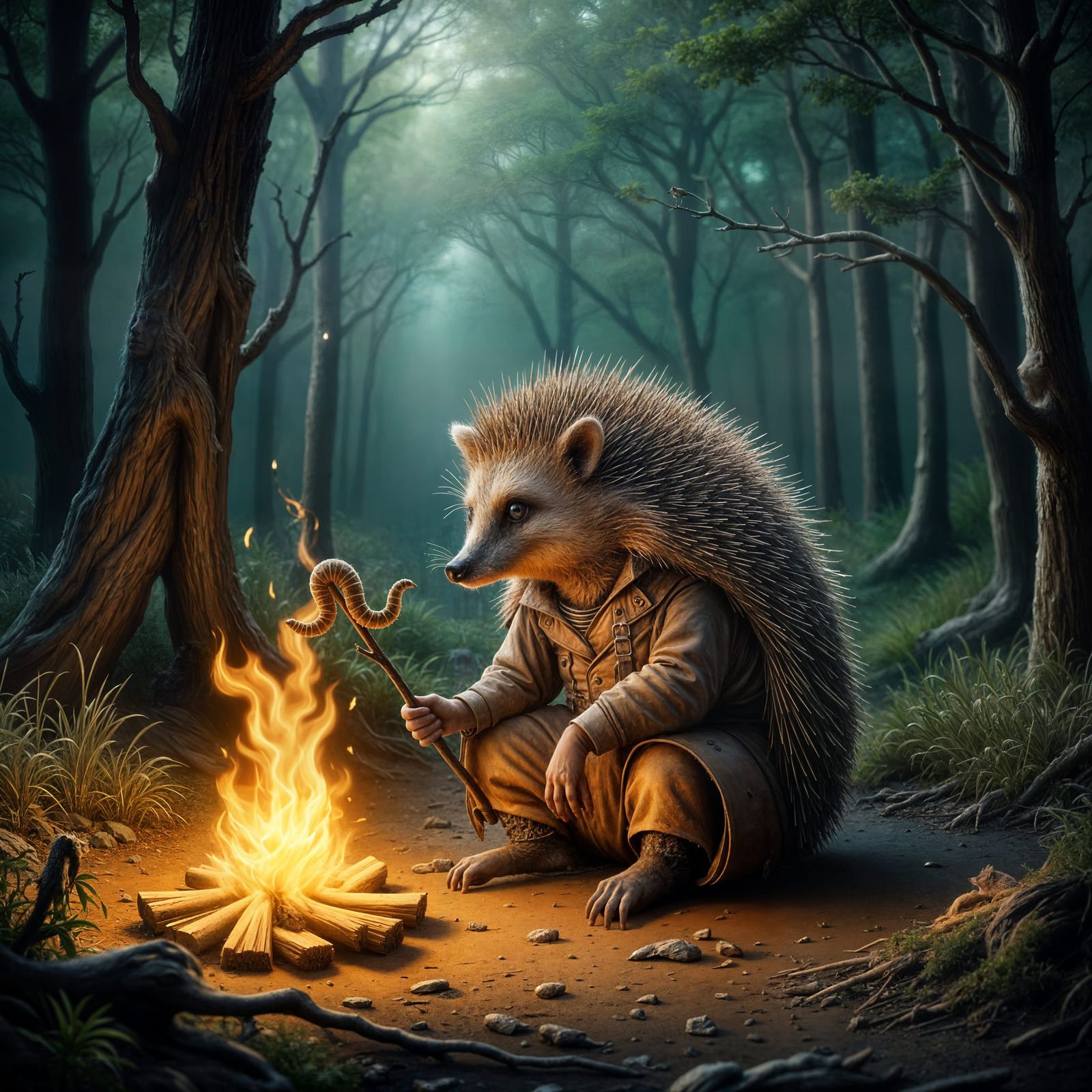 Hedgehog in Duster by Campfire in Mystical Forest