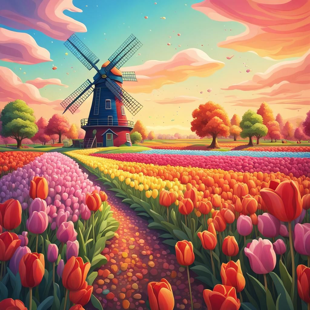 Colorful Tulip Field with Windmill in Candy Art Style
